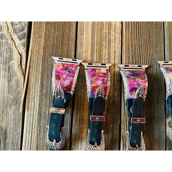 Navajo Pink Dream Mohave, Sterling Silver & Black Leather Smartphone Watch Band - Picture 4 of 8